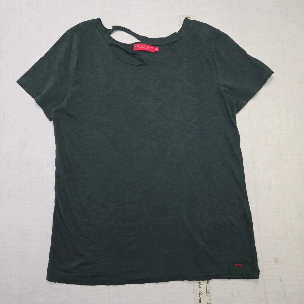 n:Philanthropy Tee Shirt Small Women Green Neck US Distressed Grunge Slub Cotton